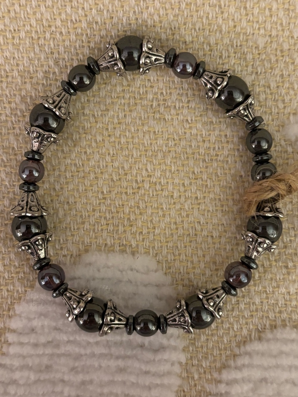 Hematite Beaded Stretch Bracelet with Silver-Tone Filigree Accents
